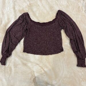 Urban Outfitters Burgundy Textured Polka Dot Cropped Top with Cinched Bodice Med